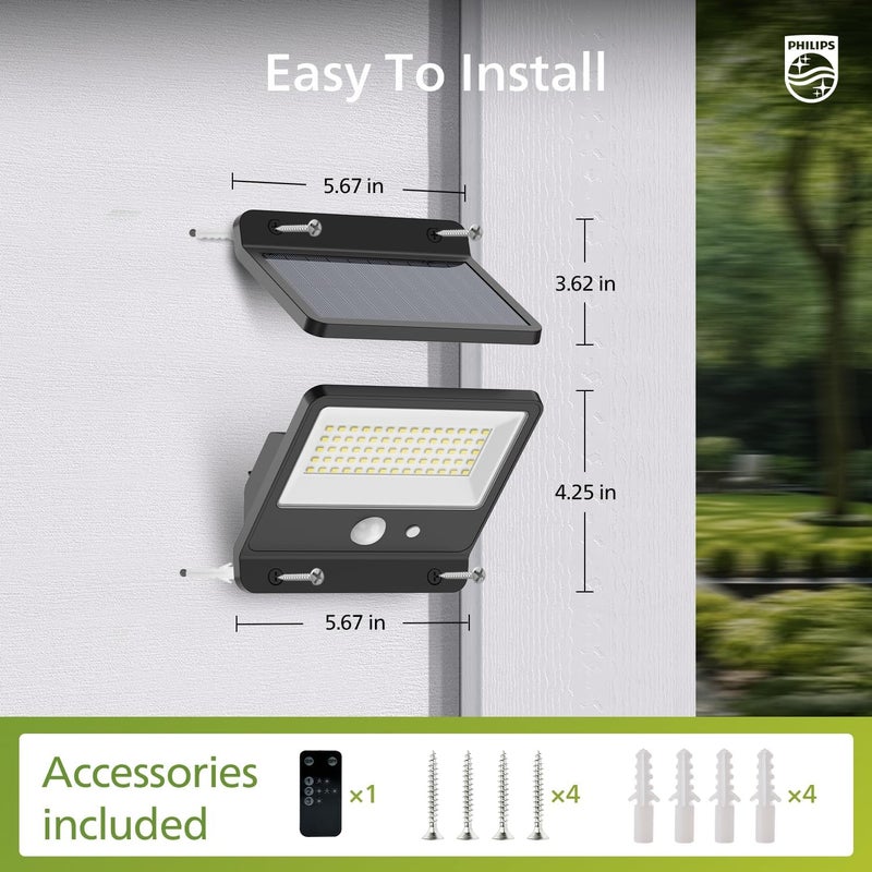 Philips Solar Security Light Outdoor LED 6500K, Solar-Powered Flood Light w/PIR Motion Sensor, Remote Control w/16ft Cable, IP65 Waterproof, 3 Modes (1) - Image 4